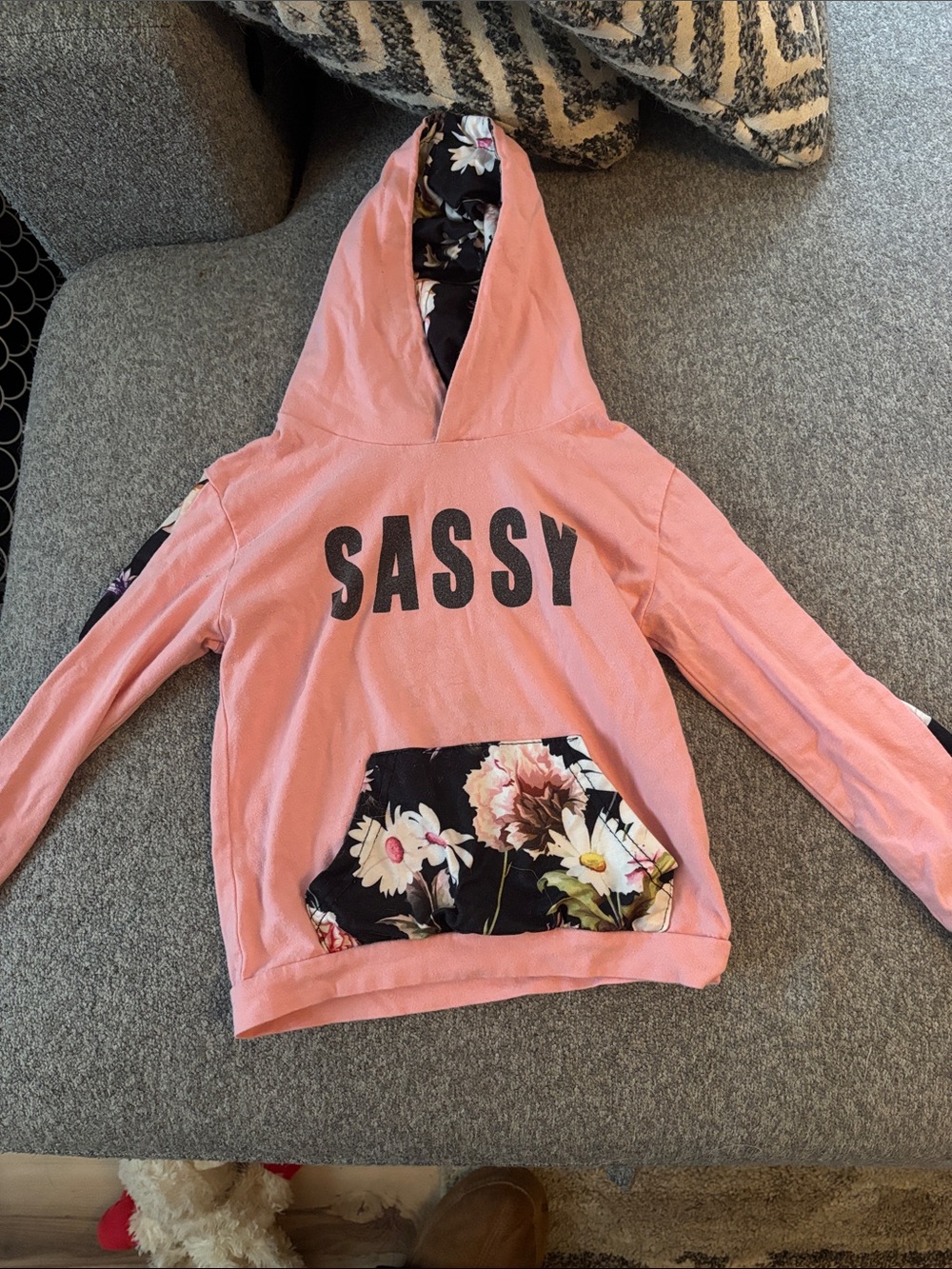 SHEIN Pink Hoodie with Floral Lined Hood & Pocket